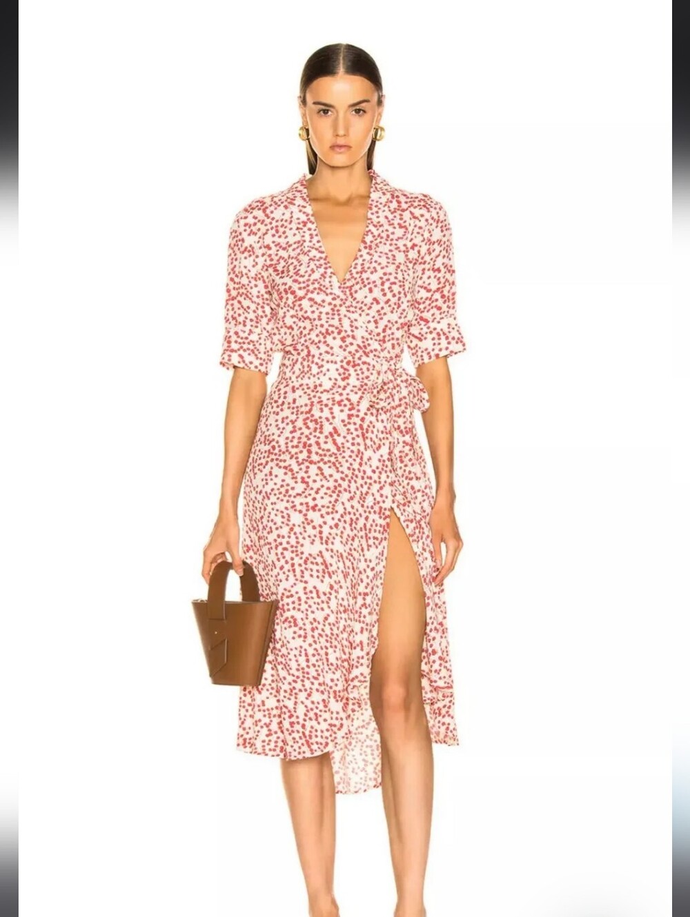 Ganni Goldstone Crepe Wrap Midi Dress In Egret Florals Red And Cream Size 34/2